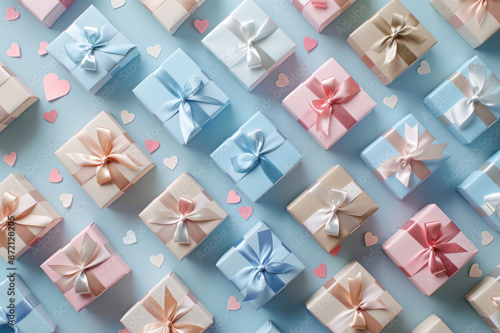 Aufkleber a row of colorful boxes with bows on them, some of which have hearts on them