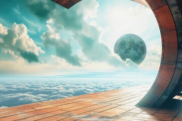 Archway in the clouds with the moon