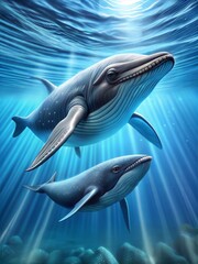 Naklejka premium The image features a mother and baby blue whale swimming in the ocean. The sun is shining brightly, creating a beautiful and serene atmosphere Generate AI