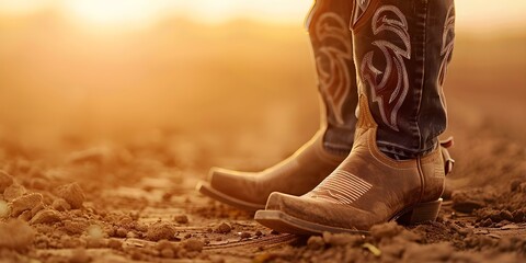 Cowboy boots in rodeo arena at twilight on dusty terrain. Concept Western Fashion, Rodeo Lifestyle, Sunset Photography, Cowboy Boots, Dusty Terrain