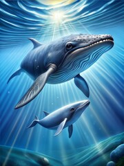 Naklejka premium The image features a mother and baby blue whale swimming in the ocean. The sun is shining brightly, creating a beautiful and serene atmosphere Generate AI