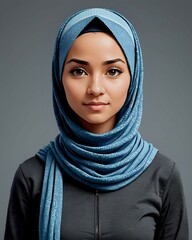 Naklejka premium Portrait of a woman wearing a blue hijab with a light blue pattern.