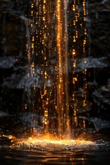 Shimmering Golden Waterfall Cascade with Sparkling Droplets and Dark Background