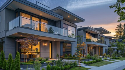 Fototapeta premium Chic front design of a duplex with a grey exterior, sleek glass balconies, and a shared front garden with modern landscaping.