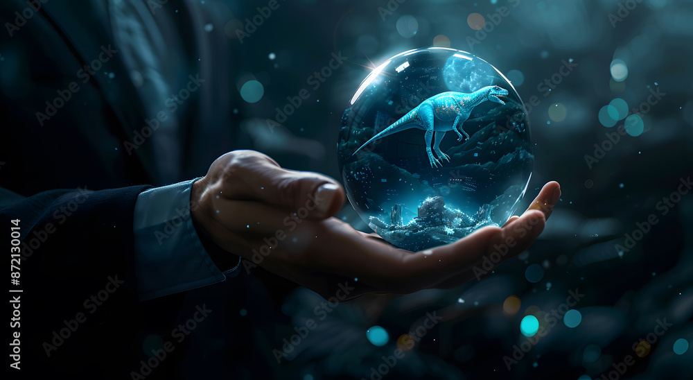 Poster Customer relationship management concept. The person holding a virtual globe with a CRM icon for a customer focus group. Data exchange development and customer service design