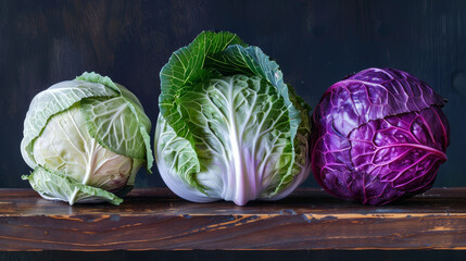 Obraz premium Three different colored cabbage heads are displayed on a wooden shelf