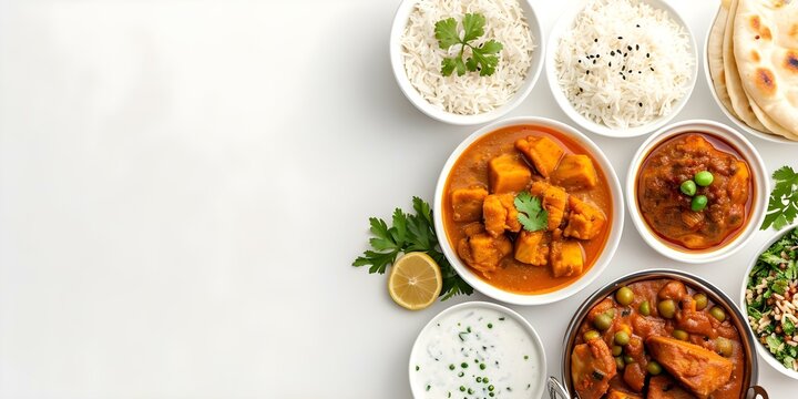 Birds eye view of Indian Desi foods variety on white background. Concept Indian Cuisine, Food Photography, Flat Lay Style, Vibrant Colors, Culinary Art