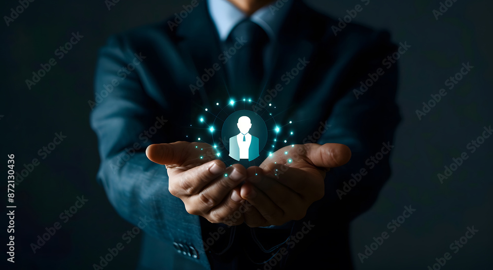 Poster Customer relationship management concept. The person holding a virtual globe with a CRM icon for a customer focus group. Data exchange development and customer service design