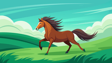 illustration vector of brown horse in the green field, cartoon background