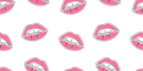 pink lips seamless pattern, lips in line art style on white background, vector illustration, template for poster,banner,textile,paper prints,background