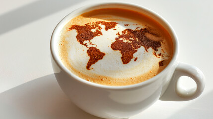 a cup of steaming hot coffee with a world map latte foam art, on a white background.