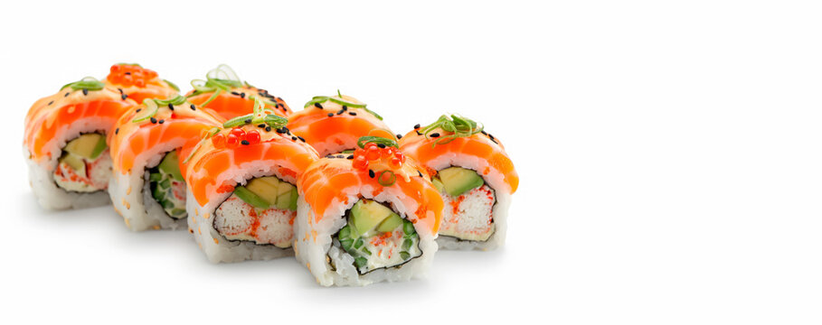 Fresh salmon sushi rolls with avocado and crab. Banner with copy space