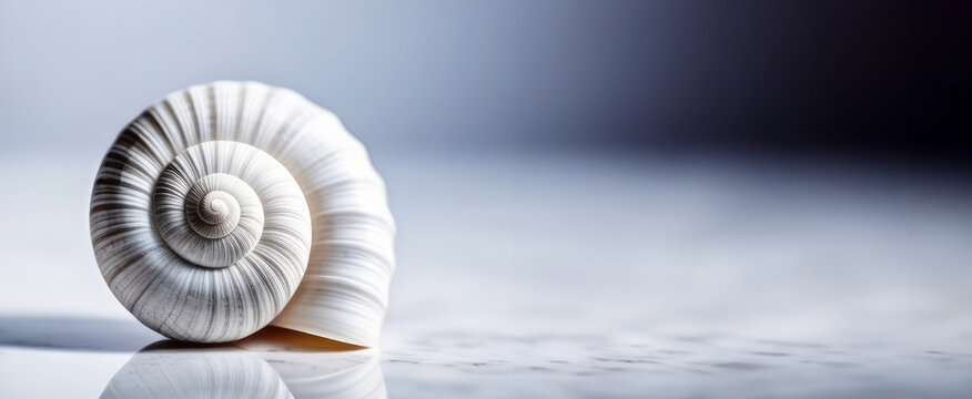 Ancient white shell with spiral pattern on white background with reflection. Chambered nautilus (Nautilus pompilius). Delicate Banner with space for text