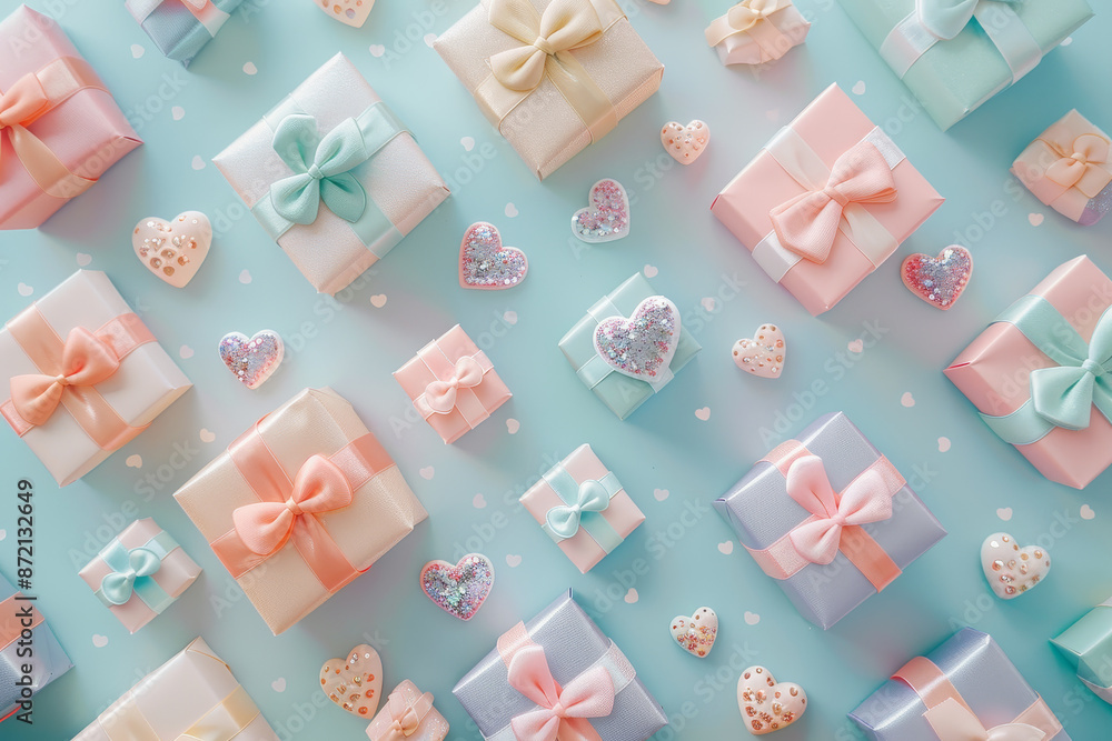 Poster a row of colorful boxes with bows and hearts on them