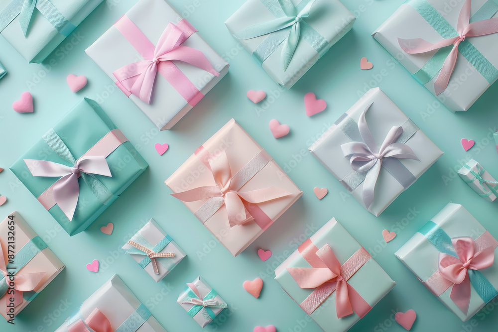 Poster a row of colorful boxes with bows and hearts on them