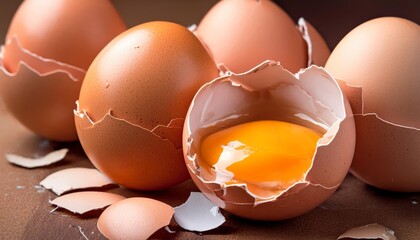 Open eggshells with exposed yolk , generated by AI. High quality photo