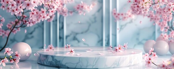 Soft pastel background featuring a marble podium and cherry blossoms, ideal for showcasing products.