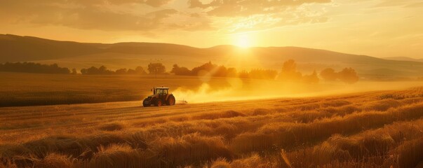 Fototapeta premium Tractor working in a field at sunrise, warm tones, detailed landscape, summer harvest