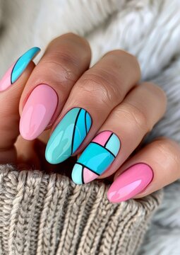 Trendy Geometric Nail Art on Pink and Blue Polished Fingernails