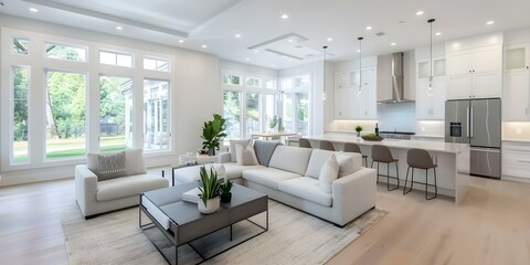 Modern living room with smart home tech open kitchen cozy seating and garden views. Concept Modern Home Decor, Smart Technology, Open Kitchen Design, Cozy Seating Area, Garden Views