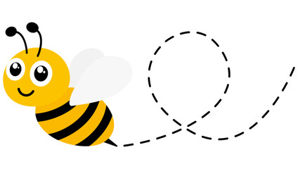 Cute happy bee with big eyes. Bee flying on dotted route. Vector illustration isolated on white background.