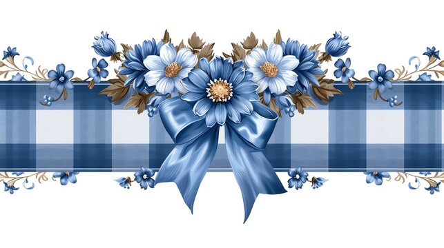 Blue floral border with bow and gingham pattern.