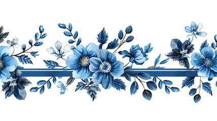 Seamless floral border with blue flowers and leaves on white background.