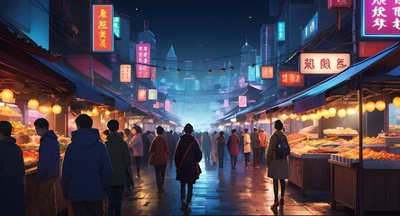 anime style illustration of a bustling night market in a city street, illuminated neon lights food stalls, street vendors, crowds of people with backdrop of tall buildings glowing signage urban night