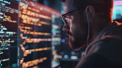 A data scientist using advanced software to analyze a massive amount of data on a computer screen with glowing lines of code, generative AI