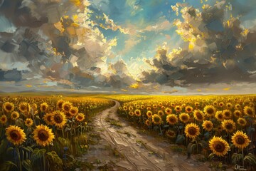 Obraz premium Sunflower Field Under Dramatic Sky
