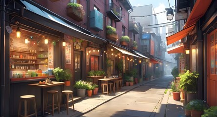 anime style illustration of a quiet city alleyway adorned with colorful graffiti, cozy cafes, small shops string lights, potted plants, street art, charming and intimate urban setting background
