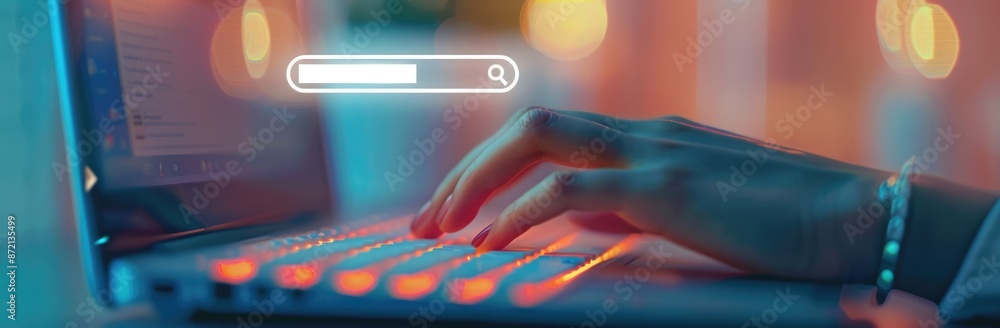Poster hands typing on a laptop keyboard, with bokeh light effects, symbolizing technology and online work.