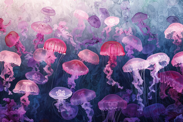 A bunch of jellyfish in a pink and blue ocean