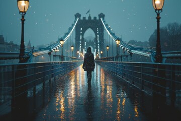 Silhouette on a Rainy Bridge at Night