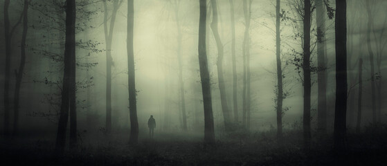 man silhouette in dark fantasy landscape, halloween forest panorama