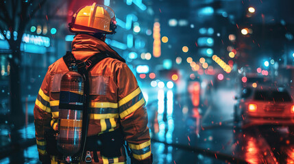 Obraz premium Firefighter Heading to Night Emergency in Cityscape