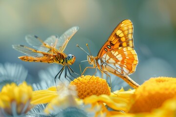 Obraz premium Dragonfly and Butterfly on Yellow Flowers