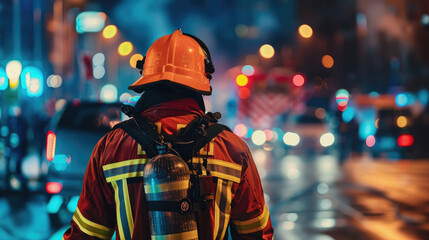 Fototapeta premium Firefighter Heading to Night Emergency in Cityscape