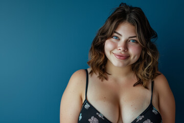 A woman with a large bust is smiling for the camera