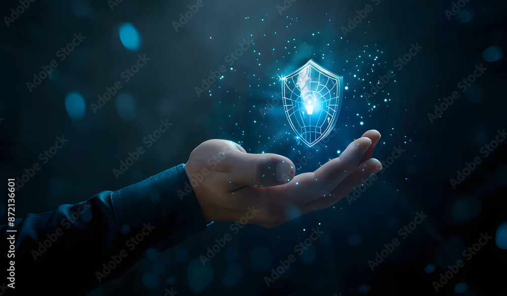 Poster cybersecurity and privacy concepts to protect data. businessman holding cyber security technology on