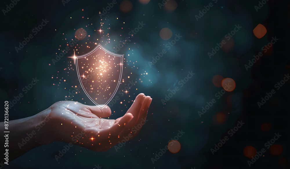 Poster cybersecurity and privacy concepts to protect data. businessman holding cyber security technology on