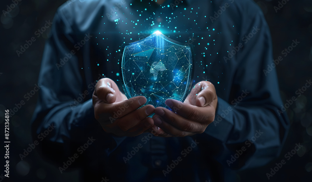 Poster cybersecurity and privacy concepts to protect data. businessman holding cyber security technology on