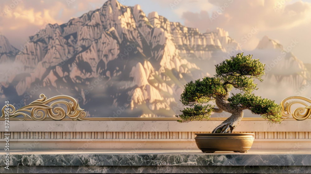 Poster a small bonsai tree sits on a wooden stand in front of a window