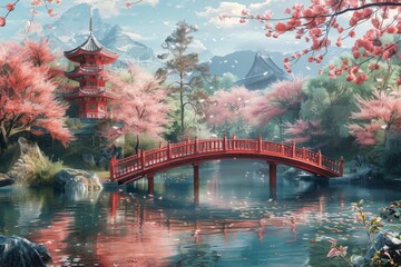 Japanese Garden with Cherry Blossoms and Red Bridge