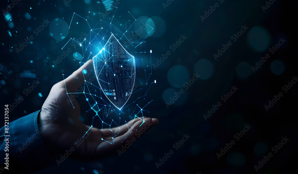 Poster cybersecurity and privacy concepts to protect data. businessman holding cyber security technology on