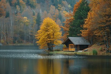 Fototapeta premium Cabin by Autumn Lake