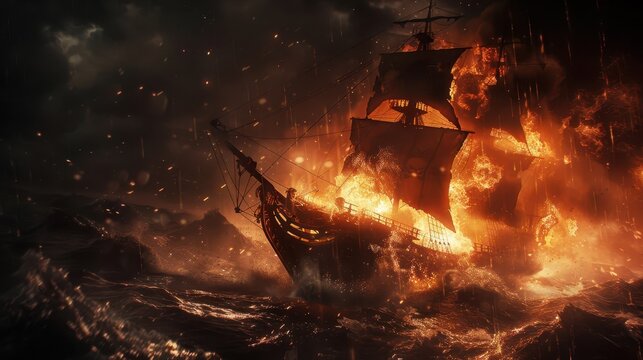 pirate ship burning in the ocean with flames