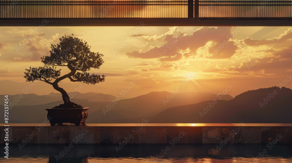 Poster a small bonsai tree is sitting on a ledge in front of a large mountain range