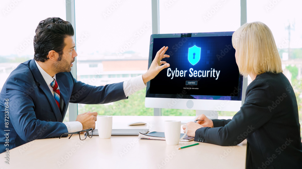 Poster cyber security system on computer screen protect private information snugly from hacker and cyber at