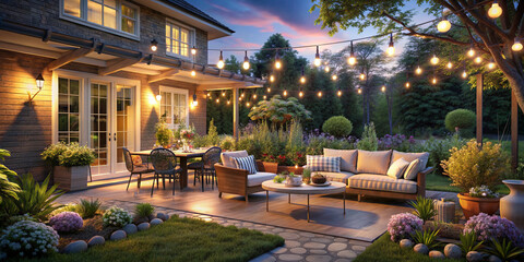 Fototapeta premium Summer evening on the patio of beautiful suburban house with lights in the garden garden, digital ai